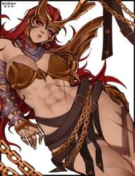 1girls 2d 2d_(artwork) abdomen abs angela_(aldrif_odinsdottir) armor asgardian barely_clothed big_breasts bodypaint breasts chains cleavage comic_character facepaint gold_armor gold_bra gold_greaves gold_helmet hand_on_hip hand_on_thigh hips korodraws light-skinned_female light_skin lipstick long_hair looking_at_viewer lying marvel marvel_comics marvel_rivals metal_bra muscular muscular_abdomen muscular_abs muscular_female muscular_thighs red_hair revealing_armor revealing_clothes ring scar scar_on_stomach simple_background thick_body thick_legs thick_thighs thighs thor_(series) very_long_hair video_games white_background winged_headwear yellow_eyes
