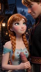 ai_generated anna_(frozen) arendelle braided_twintails clothed_female disney disney_princess frozen_(film) ginger_hair handjob kristoff_(frozen) looking looking_at_partner looking_up pigtails
