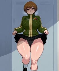 1girl baxx15 black_skirt breath breath_cloud brown_eyes brown_hair cameltoe covered_nipples green_jacket huge_breasts lifting_skirt lockers looking_at_viewer musk musk_clouds persona_4 satonaka_chie shoes short_hair socks solo sweat swimsuit swimsuit_under_clothes thick_ass thick_legs thick_thighs track_jacket