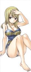 arm_support ass bare_shoulders barefoot blonde_hair cleavage collarbone edited fairy_tail hand_on_head knees_up large_breasts long_hair looking_at_viewer lucy_heartfilia mashima_hiro miniskirt official_art pantyshot sitting spaghetti_strap upscaled white_panties