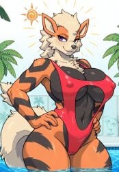 1anthro 1female 1girls 1milf 1woman ai ai_generated anthro anthro_only arcanine big_breasts black_breasts black_fur blonde blonde-haired_female blonde_female blonde_hair blonde_hair_female blonde_tail breasts canine canine_humanoid day daytime dog_ears dog_girl dog_humanoid dog_tail ear female female_anthro female_canine female_only fence fences frosting.ai game_freak generation_1_pokemon hands_on_hips komainu komainu_girl legs_submerged looking_at_viewer milf milf_body nintendo nipple_outline one-piece_swimsuit orange_fur palm_tree palm_trees pokemon pokemon_(species) pool poolside purple_eyes red_one-piece_swimsuit red_swimsuit red_swimwear seductive_look sfw solo solo_anthro solo_female standing standing_on_water submerged_legs sun sunny swimsuit swimwear tail thick_thighs thighs tiger_stripes woman woman_only woman_solo