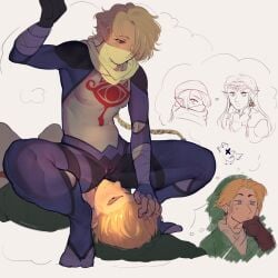 2boys ambiguous_gender big_clitoris blonde_hair blue_eyes cameltoe chisps clitoris_bulge clothed clothed_female clothed_male color colored crossdressing crossdressing_female cuntboy ear_piercing earrings hand_in_hair hand_on_head hylian hylian_ears imminent_cunnilingus imminent_facesitting imminent_oral intersex light-skinned_female light-skinned_male light_skin link long_hair looking_down looking_down_at_partner looking_up looking_up_at_partner male/cuntboy male_only masked masked_female multiple_images nipples_visible_through_clothing pointy_ears ponytail princess_zelda red_eyes sheik short_hair simple_background skin_tight skin_tight_suit small_breasts solid_color_background the_legend_of_zelda thought_bubble white_background