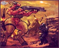 1boy 1girls 2016 abs anthro areolae armor baron_of_hell_(doom) bottomless bra breasts claws clothed clothes demon doom duo english_text exposed_breasts female grey_background gun hooves horns huge_breasts human large_breasts larger_female mammal muscular_female nipples outdoors purple_nipples pussy ranged_weapon red_skin sharp_teeth shotgun signature simple_background size_difference skeleton sligarthetiger teeth thick_thighs toe_claws uac_(doom) underwear voluptuous weapon white_horn wide_hips yellow_skin