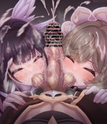 1boy 2girls aether_(genshin_impact) big_penis can31293274 color columbina_(genshin_impact) drawing horny_female mihoyo pleasure_face pubic_hair saliva saliva_trail sandrone_(genshin_impact) sex straight sucking_balls sweat threesome veiny_penis