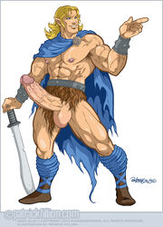 bara blonde_hair class_comics erection full-length_portrait full_length huge_cock human male male_only muscles muscular patrick_fillion penis portrait solo standing sword vann_illia weapon