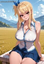 1girl 2026 ai_generated anime bare_shoulders blonde_hair blue_skirt blue_sky blush boobs breasts brown_eyes cleavage covered_nipples crossover day eye_contact fairy_tail female female_focus flushed grass hair_ribbon highres huge_breasts large_breasts lips long_hair looking_at_viewer lucy_heartfilia nsfw one_side_up outdoors patreon patreon_username pleated_skirt ribbon rognezart shirt sitting skirt sky sleeveless smile smiling solo thick_thighs thighs very_long_hair web_address