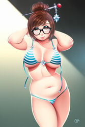 1girls arms_up asian big_breasts bikini bra breasts brown_hair chubby cloudxmoe cute female female_only glasses large_breasts looking_at_viewer mei_(overwatch) navel overwatch solo