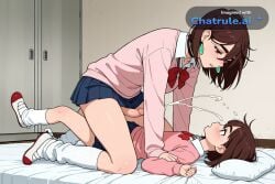 1girl ai_assisted ai_generated black_choker blue_skirt brown_hair collared_shirt cowgirl_position cum dandadan earrings full_body futanari hair_between_eyes kneehighs little_penis long_sleeves loose_bowtie loose_socks miniskirt momo_ayase mother_and_daughter open_collar pink_sweater pleated_skirt projectile_cum red_bowtie red_eyes sex short_hair size_difference small_penis thick_eyebrows uwabaki white_socks