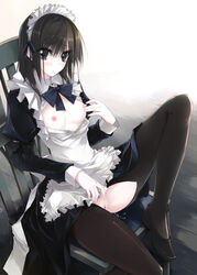 apron black black_eyes black_hair black_legwear black_pantyhose bow breasts chair female high_resolution kuon_(osananajimi) leg_lift maid maid_headdress masturbation nipples nopan open_clothes open_mouth open_shirt osananajimi_wa_daitouryou pale_skin pantyhose pussy_juice shirt short_hair sitting solo torn_clothes torn_pantyhose uncensored vagina very_high_resolution yudesoba