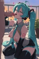 1boy 1girl ahoge ai_generated aqua_eyes aqua_hair bare_shoulders black_legwear blush breasts breasts_outside clothed_female_nude_male cum detached_sleeves fellatio hatsune_miku heart heart-shaped_pupils hetero hi_res high_quality high_resolution long_hair nipples open_mouth open_shirt oral patreon penis seductive sexy skirt sweat symbol-shaped_pupils testicles thighhighs twintails uncensored very_long_hair vocaloid watermark