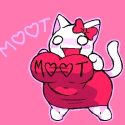 1girl 4chan animal_ears bow cat cat_ears cat_girl covered_navel drawfag fat huge_breasts moot o_o oekaki open_mouth outline pink_background pink_bow simple_background solo thick_thighs triangle_mouth