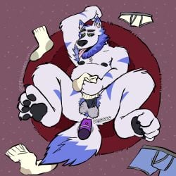 1:1 anal anal_penetration anthro armpit_fetish armpit_lick armpit_play balls barefoot bear beard black_sclera blue_body blue_fur body_hair boxers_(clothing) canid canine canis carpet clothing cock_sock facial_hair feet footwear fur genitals green_eyes hairy_balls hi_res hybrid licking looking_pleasured lying male mammal masturbation musclegut muscular musky_armpit nipples nude object_in_ass on_back on_ground onomatopoeia overweight penetration penis_clothing raised_arm self_lick sex_toy sex_toy_in_ass sex_toy_insertion socks solo soul_(soulcanela) sound_effects srirachamander tail text tongue tongue_out underwear vibrator vibrator_in_ass white_body white_fur wolf