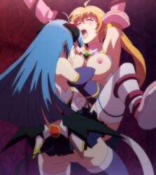 2girls ass blonde_hair blue_eyes blue_hair bondage breasts clothed_rape clothing female forced futa_on_female futanari hair hair_ornament honjou_emiru honjou_erena intersex large_breasts magical_girl mahou_shoujo_erena multiple_girls nipples rape red_eyes restrained skirt tail tentacle tied_hair twintails valkyria_(studio)