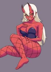 1girl akumi bare_shoulders barefoot breasts cleavage feet fishnet_legwear fishnets grey_background hair_between_eyes hand_on_own_chest horns indie_virtual_youtuber large_breasts long_hair looking_at_viewer oni pointy_ears red_skin sitting smile soles solo teeth toes virtual_youtuber vyugen yellow_eyes