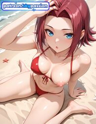 1girls 2026 ai_assisted ai_generated anime barefoot beach bikini blue_eyes boobs breasts bust code_geass front-tie_bikini hi_res high_quality high_resolution highres kallen_stadtfeld kouzuki_kallen nipples patreon patreon_username red_bikini sand shell sitting skypassion stable_diffusion starfish swimsuit tits uncensored_nipples wariza watermark