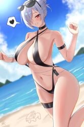 1girl arm_strap bare_shoulders beach black-framed_eyewear black_choker black_slingshot_swimsuit blue_sky blush breasts choker cinderella_(crystal_wave)_(nikke) cinderella_(nikke) cleavage cloud day doro_(nikke) eyewear_on_head goddess_of_victory:_nikke hair_bun hair_over_one_eye heart highres iri_(chansupo_045) large_breasts looking_at_viewer navel ocean official_alternate_costume open_mouth outdoors red_eyes sand sky slingshot_swimsuit smile solo spoken_heart stomach sunglasses swimsuit thigh_strap water white_hair wrist_flower