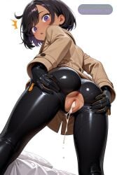 1girl ai_assisted ai_generated black_bodysuit black_hair brown_coat dark_skin gloves legs_spread long_sleeves looking_at_viewer looking_back nude perfect_pussy purple_eyes simple_background solo solo_girl standing surprised view_from_behind view_from_below white_background young_girl