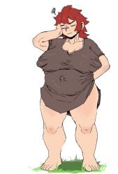 big_legs erect_nipples hand_on_head navel popped_navel pregnant pregnant_belly pregnant_female red_hair shirt_only thick_thighs white_skin wide_hips