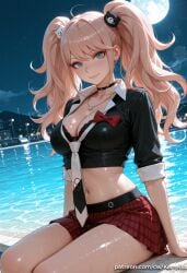 1girl ai_generated arm_support bangs bear_hair_ornament black_bra black_choker black_shirt blonde_hair blue_eyes blush bow bra breasts choker cleavage closed_mouth collarbone crop_top danganronpa earrings enoshima_junko full_moon hair_ornament jewelry kermixx large_breasts long_hair looking_at_viewer midriff miniskirt moon navel necklace necktie night night_sky outdoors plaid plaid_skirt pleated_skirt red_bow red_skirt shiny shiny_skin shirt sitting skirt sky sleeves_rolled_up smile solo twintails underwear water wet white_necktie