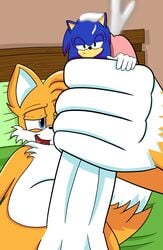 anthro blue_eyes blue_fur canine cum cumshot erection fox foxkai fur green_eyes macro male mammal masturbation micro micro_on_macro nude orange_fur orgasm penis size_difference sonic_(series) sonic_the_hedgehog tails yaoi