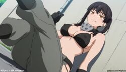 1girl 1girls absurd_res ai_assisted ai_generated anime ass bikini black_bikini black_gloves black_hair boobs breasts bubble_butt butt collar curvaceous curvy curvy_figure enen_no_shouboutai fingerless_gloves fire_force high_resolution highres holding_weapon hourglass_figure huge_ass huge_butt kotatsu_tamaki large_breasts light-skinned_female looking_at_viewer lying_on_back open_clothes orange_eyes outdoors pants_down patreon patreon_logo patreon_username ponytail protective_collar smile staff thick_thighs thighs voluptuous wide_hips