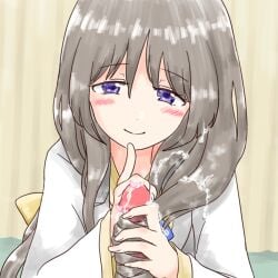 1girls artist_request blush character_request cum hair hairjob handjob lucky_star penis smile tagme