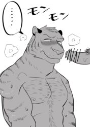 anthro blush censored erection feline male mammal monochrome muscular nude pecs penis simple_background tiger ujishiyo white_background yaoi