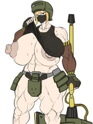 1girls armor armored_female big_breasts big_nipples blonde_female blonde_hair cooling_off face_mask holding_object lifting_own_clothes masked_female muscular muscular_female nipples_visible_through_clothing roblox robloxian slammer_(tdx) solo_female solo_focus sweat sweatdrop unknown_artist