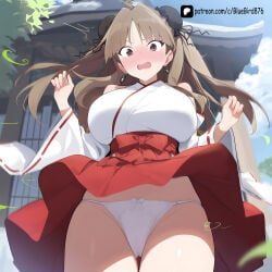 1girl ai_assisted ai_generated beautiful_girl big_ass big_breasts bluebird cameltoe curvy embarassed_female embarrassed female miko panties renka_(senran_kagura) senran_kagura sexy shocked_expression shocked_eyes shocked_female skirt skirt_lift skirt_up tatami upskirt