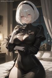 1girl ai_generated black_dress black_hairband blindfold blue_eyes boots breasts cleavage cleavage_cutout curtains dress feather-trimmed_sleeves feather_trim gloves hairband hi_res high_quality high_resolution highleg juliet_sleeves leotard long_sleeves looking_at_viewer mole mole_under_mouth nier:_automata no_blindfold patreon puffy_sleeves seductive sexy short_hair silver_hair sitting smile solo thigh_boots uncensored watermark yorha_2b yorha_no._2_type_b