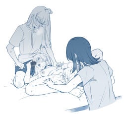 3girls ahoge barefoot blush breasts bulge cho_kaguya-hime! choker clothed_female_nude_female commentary erection erection_under_clothes female_masturbation ffd_threesome fingering futa_with_female futanari group_sex hand_on_another's_thigh handjob handjob_over_clothes heart heart_ahoge highres hinagi_(fox_priest) kaguya_(cho_kaguya-hime!) kneeling long_hair lying masturbation medium_hair monochrome multiple_girls nipple_stimulation nipple_tweak nude on_back open_mouth parted_lips pussy_juice recording runami_yachiyo sakayori_iroha short_sleeves simple_background smile sweat threesome white_background