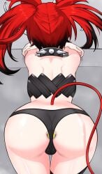 1girl absurdres animal_ear_fluff animal_ears ass ass_focus back black_hair black_panties black_streaks black_tube_top blue_eyes butt_plug butt_plug_under_clothes collar crossed_arms dice_hair_ornament english_commentary from_behind grey_background hair_ornament hakos_baelz highres hololive hololive_english leaning_forward mouse_ears mouse_girl mouse_tail multicolored_hair nobarts panties red_hair sex_toy spiked_collar spikes strapless streaked_hair tail thigh_strap thighs tube_top twintails underwear uneven_twintails virtual_youtuber white_hair