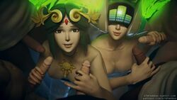 2girls 3d 5boys animated areola breasts circlet crossover dark-skinned_male dark_skin dj_sona double_handjob female gangbang green_hair group handjob interracial kid_icarus league_of_legends looking_at_viewer loop male multiple_penises nipples no_sound palutena penis reddoe sona_buvelle source_filmmaker straight video