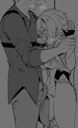 1boy 1girls against_wall blush boner_in_pants bulge bulge_through_clothing childe_(genshin_impact) erection_under_clothes female genshin_impact hand_grab height_difference leg_between_thighs lumine_(genshin_impact) male male/female maledom pinned pinned_to_wall short_female size_difference straight taller_male tartaglia_(genshin_impact) visible_breath