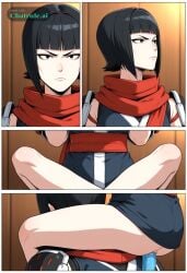 1girl ai_assisted ai_generated anal anal_penetration big_dick black_hair carrying furrowed_eyebrows karai leg_lock red_sash red_scarf short_hair shoulder_pads