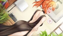 ace_academy ass back_view blush closed_eyes game_cg indoors kaori_itami official_art open_mouth pixelfade redhead small_breasts spoken_anger_vein tsundere