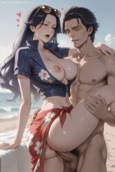 1boy 1girl ai_generated black_hair blue_shirt breasts closed_eyes clothed_sex collarbone collared_shirt day eyewear_on_head floral_print front-tie_top hair_slicked_back hawaiian_shirt heart hetero hi_res high_quality high_resolution long_hair navel nico_robin nipples one_piece open_mouth open_shirt patreon penis pussy seductive sex sexy shirt short_sleeves smile standing standing_sex stomach sunglasses sweat testicles uncensored vaginal watermark
