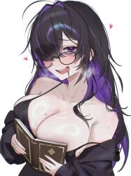 1girl absurdres bags_under_eyes black-framed_eyewear black_cardigan black_hair blush book breasts breath cardigan cleavage colored_inner_hair commentary_request dress drooling female female_only glasses goddess_of_victory:_nikke hair_over_one_eye heart heart-shaped_pupils heavy_breathing highres label_(nikke) large_breasts long_hair looking_at_viewer mayreellove mojyo mole mole_on_breast mouth_drool multicolored_hair nervous_smile pale_skin purple_eyes purple_hair purple_streaks smile solo steam streaked_hair sweat symbol-shaped_pupils taut_clothes taut_dress two-tone_hair veins veiny_breasts