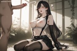 1boy 1girl ai_generated arm_guards bangs bare_shoulders black_gloves black_hair black_legwear black_skirt blush breasts breasts_outside clothed_female_nude_male cum earrings elbow_gloves elbow_pads erection final_fantasy_vii fingerless_gloves gloves half-closed_eyes heart hetero hi_res high_quality high_resolution jewelry large_breasts long_hair low-tied_long_hair miniskirt navel open_mouth patreon penis pleated_skirt red_eyes seductive sexy shirt sitting skirt skirt_pull sleeveless stomach suspender_skirt suspenders sweat swept_bangs tank_top taut_shirt thighhighs tifa_lockhart uncensored very_long_hair watermark white_tank_top
