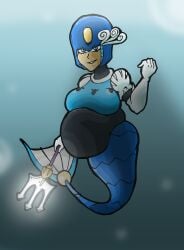 blue_hair blue_hair_female capcom enjoying_pregnancy fembot mega_man mermaid mermaid_girl mermaid_tail nasuokaa-san pregnant pregnant_belly pregnant_female pregnant_robot solo splash_woman underwater