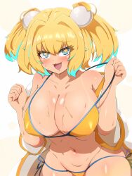 absurdres bikini blonde_hair blue_eyes blush bombergirl breasts cleavage commentary_request dashiziruangeal hair_intakes hair_ornament highres large_breasts long_hair looking_at_viewer navel open_mouth pine_(bombergirl) pom_pom_(clothes) pom_pom_hair_ornament side-tie_bikini_bottom smile solo star-shaped_pupils star_(symbol) swimsuit symbol-shaped_pupils two_side_up white_background yellow_bikini