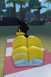 ass beach beach_background big_ass bunny_ears bunny_tail glasses laying_down roblox robloxian thicc woman yellow_body yellow_skin