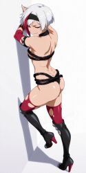 _yumidreams ai_generated ass athletic_female back bare_shoulders black_footwear boots breasts closed_eyes earrings female full_body gloves hairband high_heel_boots high_heels jewelry knee_boots kono_yuusha_ga_ore_tueee_kuse_ni_shinchou_sugiru multicolored_hair muscular_female red_eyes red_hair red_thighhighs shadow shiny short_hair shorts sideboob simple_background smile solo standing streaked_hair thighhighs toned_female torn_clothes torn_thighhighs underwear valkyrie_(cautious_hero) valkyrie_(kono_yuusha_ga_ore_tueee_kuse_ni_shinchou_sugiru) valkyrie_cautious_hero white_background white_hair
