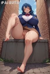 ai_generated aibuta alternate_body_type alternate_breast_size bare_legs barefoot big_ass big_thighs blazer blue_hair blue_jacket blue_sky blush bottom_heavy bow bowtie braid breasts brick_wall brown_eyes brown_skirt child_bearing_hips cleft_of_venus cloud collared_shirt curvaceous curves curvy curvy_body curvy_figure day dress_shirt feet female full_body gigantic_ass glossy glossy_body grin hi_res high_resolution highres hourglass_figure huge_ass huge_breasts jacket knee_up large_thighs legs long_hair long_sleeves looking_at_viewer massive_ass miniskirt naughty_face no_panties outdoors parted_lips plaid plaid_skirt pleated_skirt pussy red_bow red_bowtie school_uniform shiny_skin shirt shokugeki_no_souma sitting skin_gloss skirt skull_crushing_thighs sky smile soles solo stable_diffusion striped_bow striped_bowtie tadokoro_megumi teeth thick_thighs thighs thunder_thighs toenails toes twin_braids twintails uncensored voluptuous white_shirt wide_hips yellow_eyes