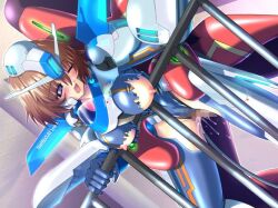1boy 2000s_(style) against_railing bent_over blue_eyes blue_leotard blush bob_cut breasts breasts_out brown_hair censored clothed_sex collarbone cosplay cowboy_shot dutch_angle embarrassed female game_cg grabbing_from_behind hair_between_eyes half-closed_eye indoors kanojo_(private_room_2) large_breasts leotard looking_back monster_boy mosaic_censoring nipples ogura_hiroko one_eye_closed open_mouth private_room_2 pussy pussy_juice railing raised_inner_eyebrows robot_costume sex sex_from_behind standing standing_sex third-party_source torn_clothes torn_leotard torso_grab vaginal_penetration