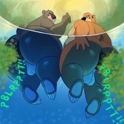 1:1 absurd_res aged_up anthro anus balls baloo bear belly big_anus big_butt bodily_fluids brown_bear brown_body brown_fur bubble butt claws columbusnimbus digital_media_(artwork) disney ducktales ducktales_(2017) duo fart fart_bubbles fart_fetish fur genitals grey_body grey_fur hand_on_butt head_tuft hi_res kit_cloudkicker looking_back low-angle_view male mammal moobs nude overweight overweight_anthro overweight_male puffy_anus sloth_bear sweat swimming tail talespin the_jungle_book toe_claws tuft underwater_view ursine water