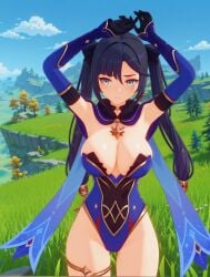 1girl 3d ai_generated arms_above_head arms_up bare_legs blue_sky blush breast_slip cleavage clouds day dynamic_expression embarrassed exposed_breast female female_only game_style genshin_impact gloves grass horizon huge_breasts in-game_style landscape large_breasts leotard medium_gloves mona_(genshin_impact) mona_megistus mountains outdoors runu_sera sideboob solo standing thighs trees