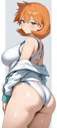 ai_generated alternative_bust_size ass back_cutout bare_shoulders blush breasts closed_mouth clothing clothing_cutout competition_swimsuit female from_behind green_eyes hair_between_eyes huge_ass jacket kasumi_(pokemon) large_ass large_breasts long_sleeves looking_at_viewer looking_back misty_(pokemon_hgss) multicolored multicolored_clothes multicolored_swimsuit off_shoulder one-piece_swimsuit open_clothes open_jacket orange_hair pokemon shiny_skin short_hair sportswear swimsuit tank_suit thick_ass thighs track_jacket two-tone_swimsuit white_jacket white_one-piece_swimsuit white_swimsuit