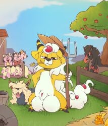2019 2_horns animal_genitalia anthro apple apple_tree balls big_balls biped black_nose claws closed_eyes clothing countershade_fur countershade_torso countershading day farm female feral food fruit fruit_tree fuf fur gay gay_male generation_2_pokemon generation_3_pokemon generation_6_pokemon generation_7_pokemon genitals group half-closed_eyes hat hat_only hay_in_mouth headgear headgear_only headwear headwear_only hi_res holding_object holding_pitchfork holding_tool homosexual_male hooves horn huge_balls hyper hyper_balls hyper_genitalia looking_at_viewer male mega_ampharos mega_evolution miltank mostly_nude mudsdale narrowed_eyes nintendo nipples open_mouth open_smile outside pink_body pitchfork plant pokemon pokemon_(species) quadruped sheath smile tan_body tan_countershading teats teddiursa toe_claws tools torchic tree udders white_body white_countershading white_fur yellow_body yellow_fur