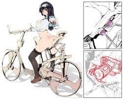 1girls anal anal_penetration ass bicycle black_hair bottomless brown_eyes casual clothing covered_nipples dildo dildo_bike double_penetration female female_only fingerless_gloves footwear gloves goggles goggles_on_head ground_vehicle handwear headwear highres human legwear long_hair looking_at_viewer original pale_skin school_uniform see-through_top serafuku sex_machine simple_background smile solo thighhighs v vaginal vaginal_penetration white_background yakou_(4507770)